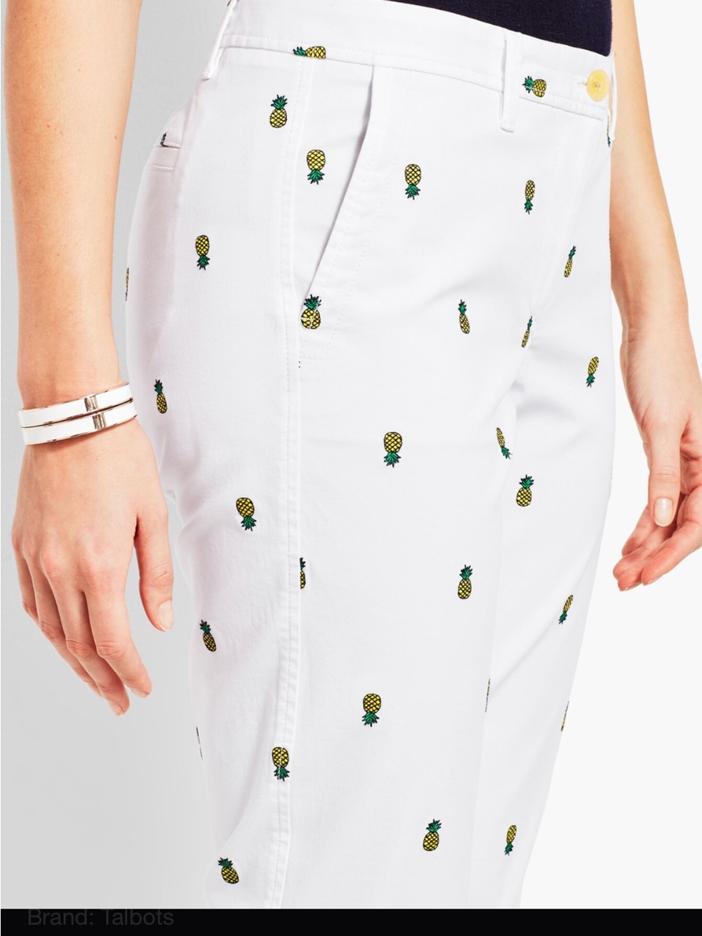 Talbots White Chino Pants with Yellow & Green Pineapple Embroidery